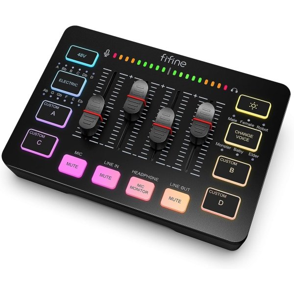 FIFINE Gaming Audio Mixer, Streaming RGB PC Mixer with XLR Microphone Interface