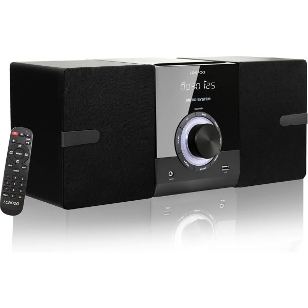 Compact Stereo System Speakers with CD Player, Bluetooth, FM Radio, Aux-in
