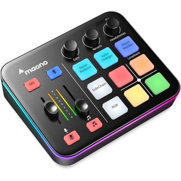 MAONO Gaming Audio Mixer, Audio Interface with Pro-preamp, RGB, Bluetooth, 48V