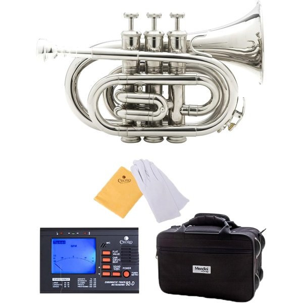 Mendini by Cecilio MPT Brass Bb Pocket Trumpet + Tuner, Case, Mouthpiece