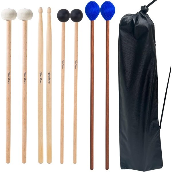 Drum Mallets Kit – 4 Pairs (Felt Timpani, Rubber, Marimba, 5A) Drumsticks
