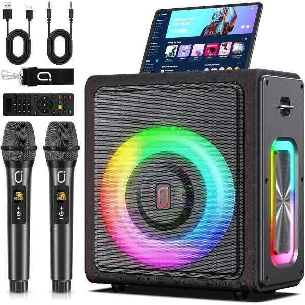 Karaoke Machine, Portable Bluetooth 5.3 Speaker with 2 Wireless Microphones