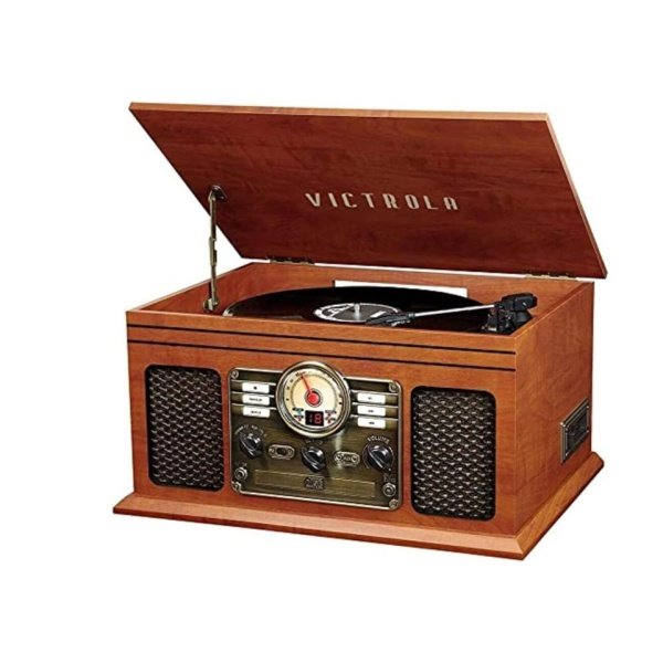 Victrola The Quincy 6-in-1 Bluetooth Record Player & Multimedia Center with Built-in Speakers – 3-Speed Turntable, CD & Cassette Player, AM/FM Radio, Wireless Music Streaming (Mahogony)