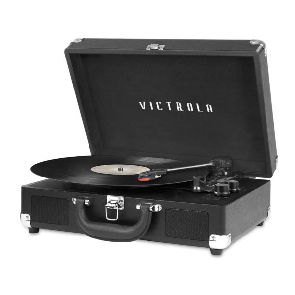 Victrola Journey Bluetooth Portable Suitcase Record Player – with Built-in Speakers, 3 Speed Vinyl Record Player, RCA Out, Headphone Jack (Black)